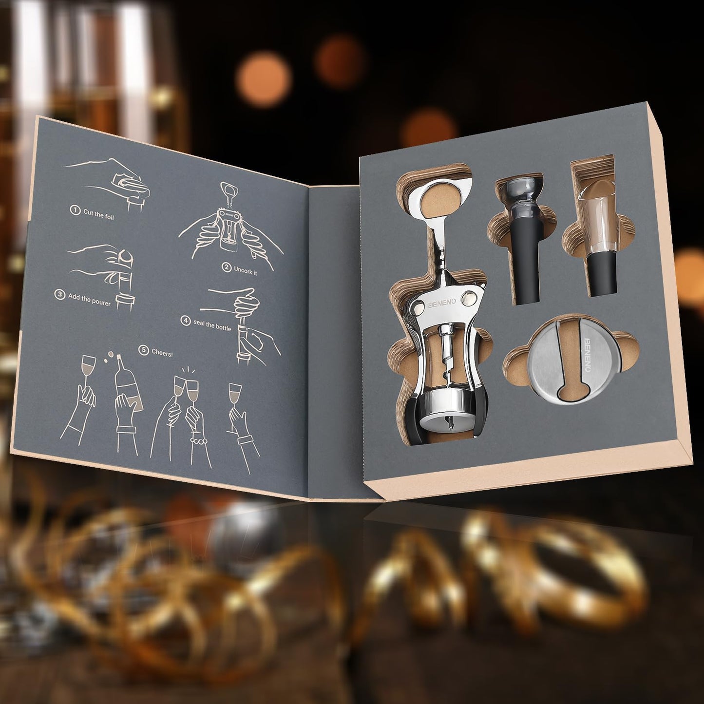 Beneno Weinöffner-Set – stilvolles Geschenkset mit Korkenzieher, Folienschneider, Vakuumverschluss und Weinbelüfter-Ausgießer. Hochwertiges Weinzubehör für stilvolles Öffnen, Belüften und Genießen. Ideal für Weinliebhaber mit Anspruch.