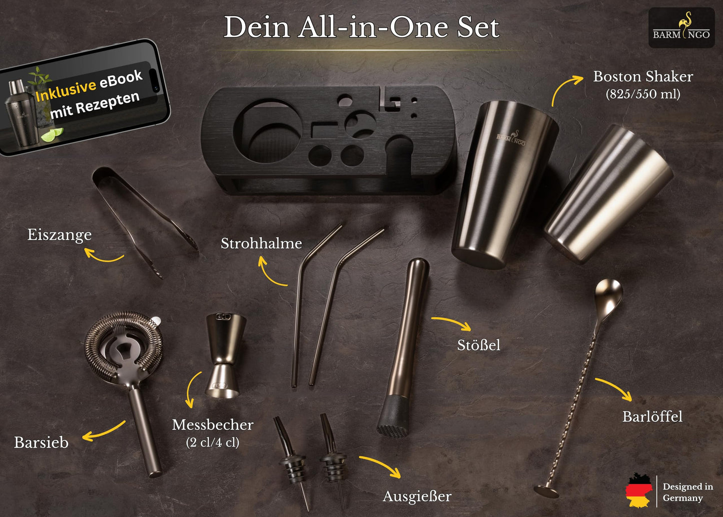 Barmingo Cocktail Shaker Set (11-teilig). Boston Shaker & Barzubehör für Zuhause.