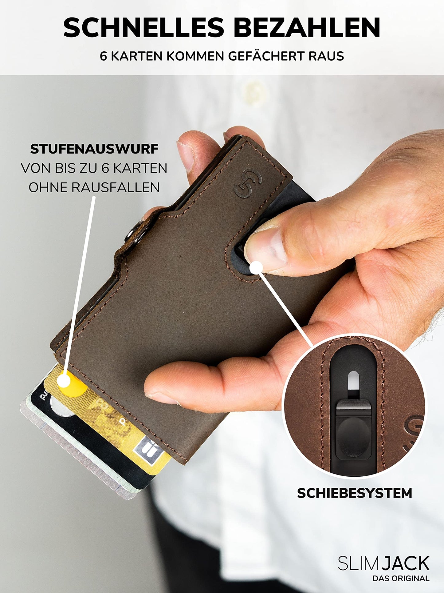 SLIMJACK Smart Wallet in Dunkelbraun – RFID-geschütztes Kreditkartenetui mit Aluminium-Kartenhalter und integriertem Münzfach. Kompakt, sicher und edel im Design. Für Männer, die Stil und Funktion in der Hosentasche tragen wollen.