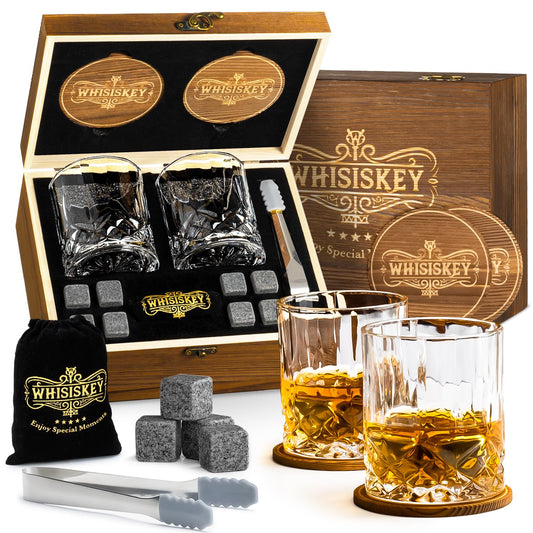 WHISISKEY Whiskygläser Set mit 2 Gläsern (je 310 ml), 8 wiederverwendbaren Whiskey-Steinen und Geschenkbox. Für Genießer, die auf Details und Stil Wert legen.