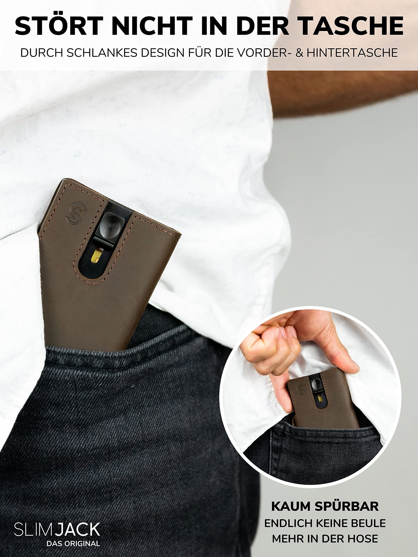 SLIMJACK Smart Wallet in Dunkelbraun – RFID-geschütztes Kreditkartenetui mit Aluminium-Kartenhalter und integriertem Münzfach. Kompakt, sicher und edel im Design. Für Männer, die Stil und Funktion in der Hosentasche tragen wollen.