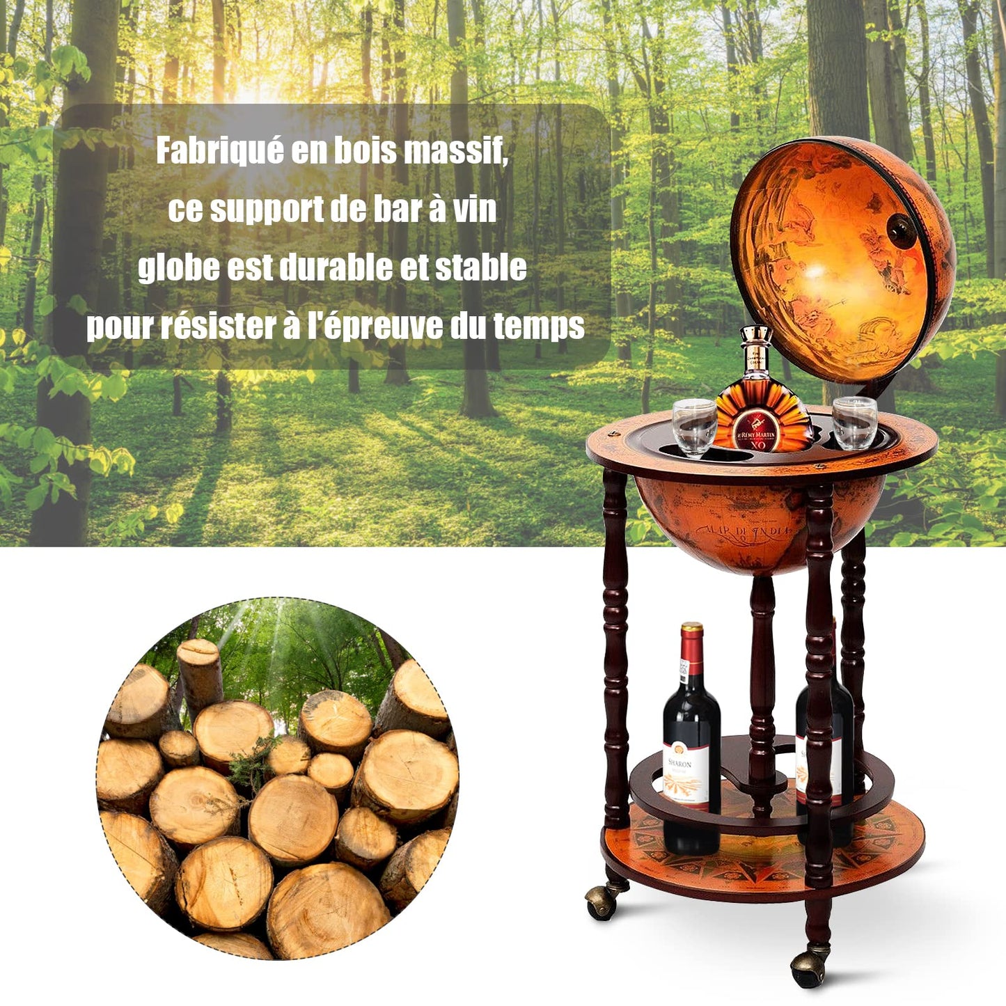 Globusbar in Braun – dekorativer Barwagen mit integrierter Minibar und Weinregal, flexibel dank Rollen. Klassisches Globus-Design mit Stauraum für Flaschen und Gläser. Für stilvolles Servieren und elegante Raumakzente.