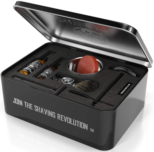 Viking Revolution Luxus-Rasierset für Männer – mit Sicherheitsrasierer, Dachs-Bürste, Ständer, Schale, Pre-Shave-Öl und After-Shave-Balsam. Klassisches Set für die stilvolle Nassrasur.