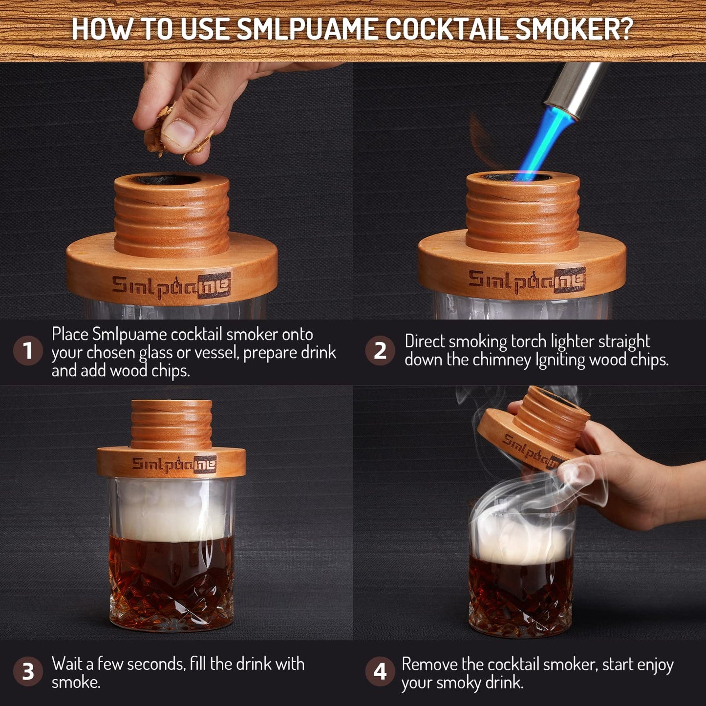 Cocktail Smoker Set mit Taschenlampe, altmodisches Whiskey-Getränke-Smoker-Set mit Vier Arten von Holzspänen, Geschenk für Vater, Ehemann und Cocktail-Liebhaber (kein Butan)