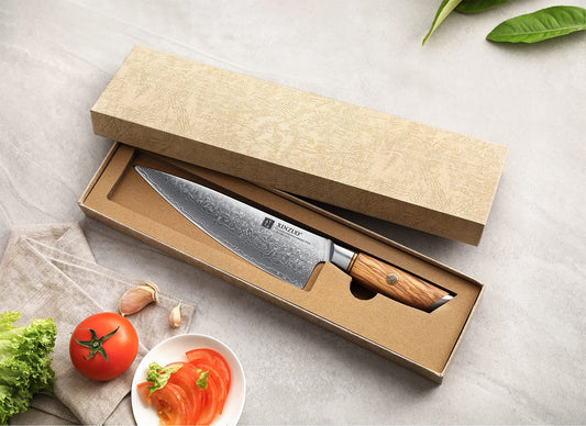 INZUO Damast-Kochmesser 21,2 cm. Handgeschmiedete Präzision für anspruchsvolle Köche. Hol dir jetzt deine Profi-Klinge und schneide wie ein Meister.