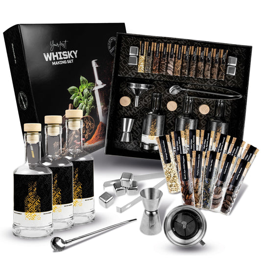 DIBYS DIY-Whiskey-Set mit 12 natürlichen Botanicals, Zubehör und 4 Rezepten zum individuellen Aromatisieren von Whiskey. Für kreative Genussmomente mit persönlicher Note.