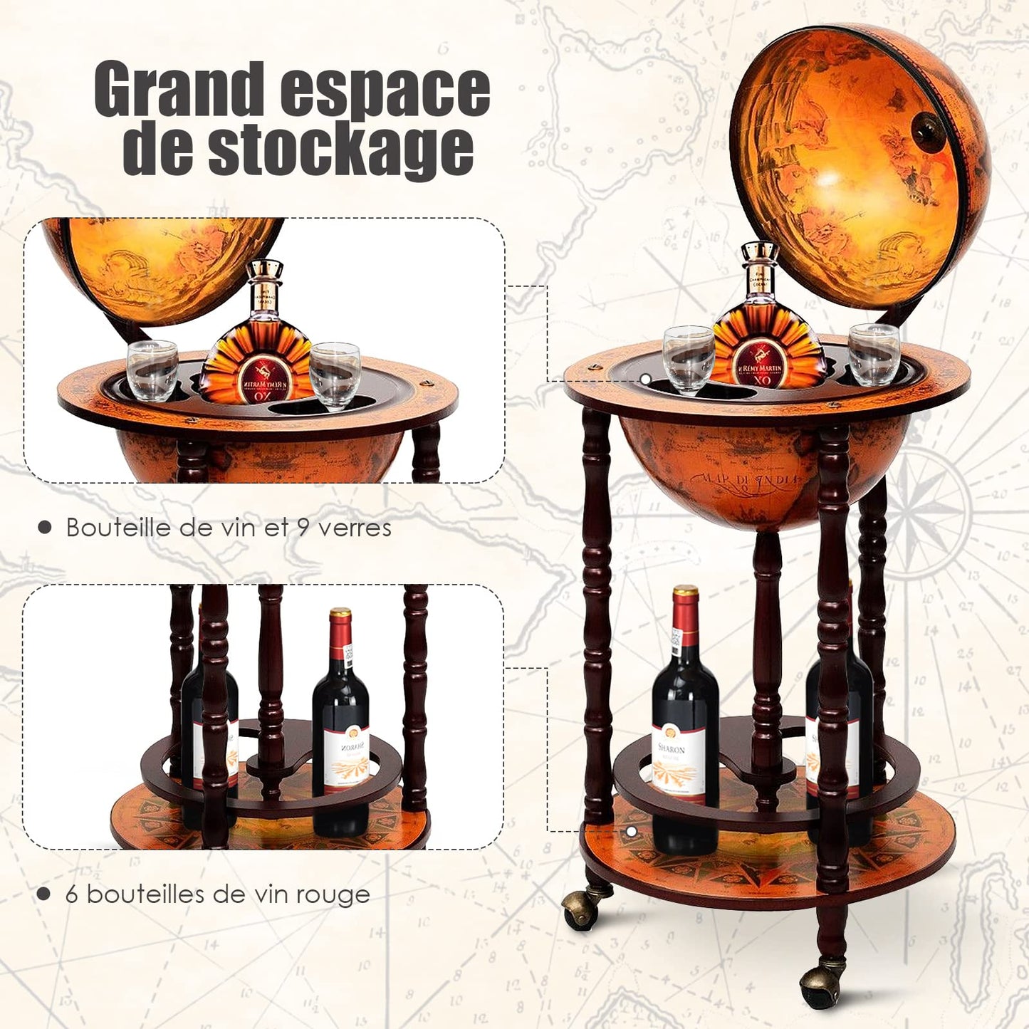 Globusbar in Braun – dekorativer Barwagen mit integrierter Minibar und Weinregal, flexibel dank Rollen. Klassisches Globus-Design mit Stauraum für Flaschen und Gläser. Für stilvolles Servieren und elegante Raumakzente.