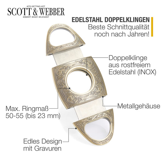 Scott & Webber® Zigarrenschneider mit doppelschneidiger Edelstahlklinge für große Ringmaße. Inklusive edlem Lederetui und Geschenkverpackung in Gold/Bronze. Stilvolles Zubehör für anspruchsvolle Zigarrenliebhaber.