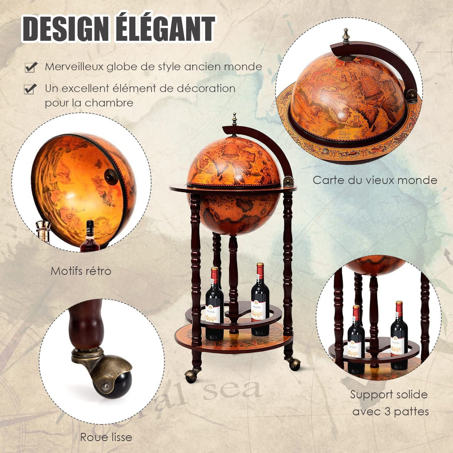 Globusbar in Braun – dekorativer Barwagen mit integrierter Minibar und Weinregal, flexibel dank Rollen. Klassisches Globus-Design mit Stauraum für Flaschen und Gläser. Für stilvolles Servieren und elegante Raumakzente.