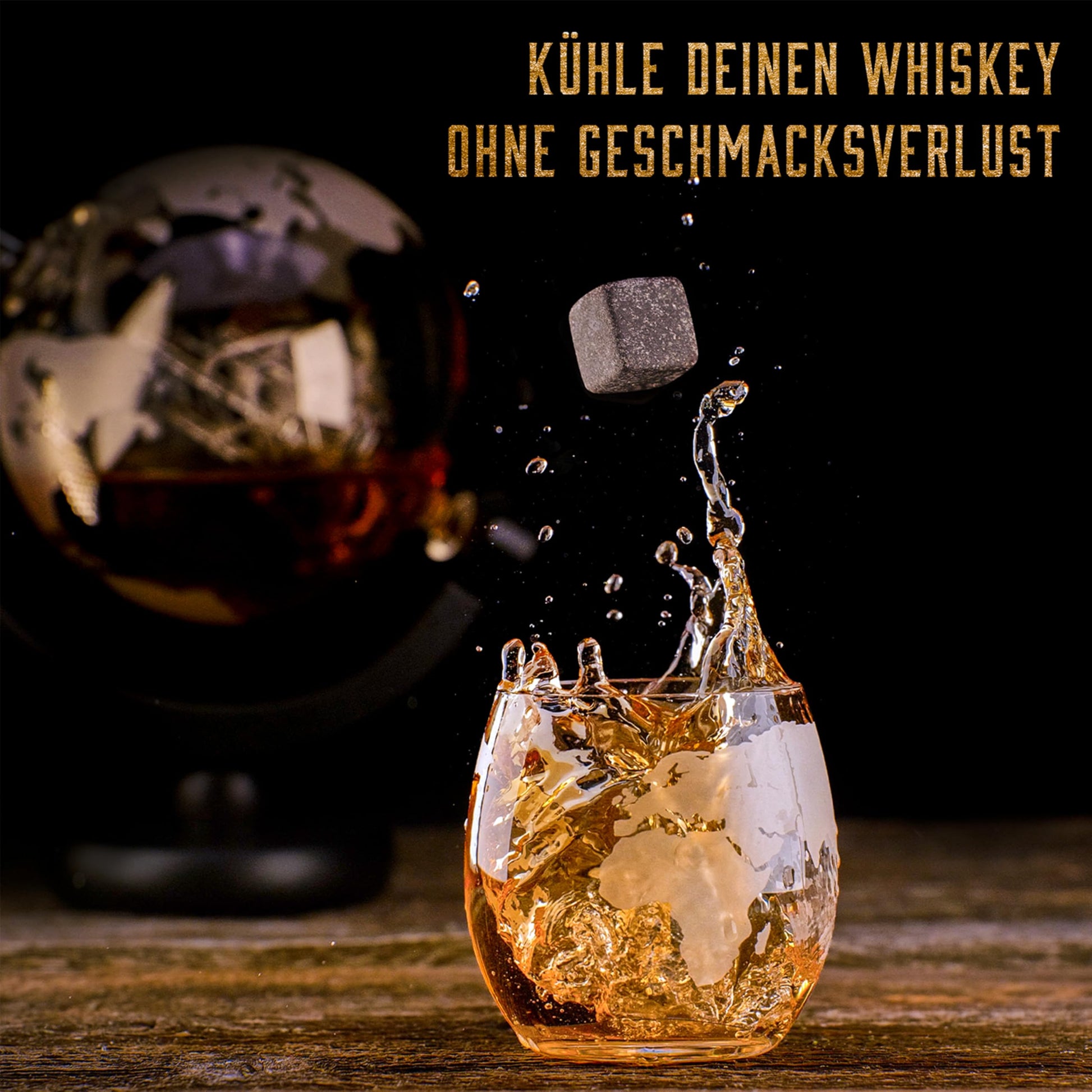 Whiskey Geschenkset mit Globus-Karaffe, Gläsern, Steinen, Untersetzern und Zange in edler Geschenkbox