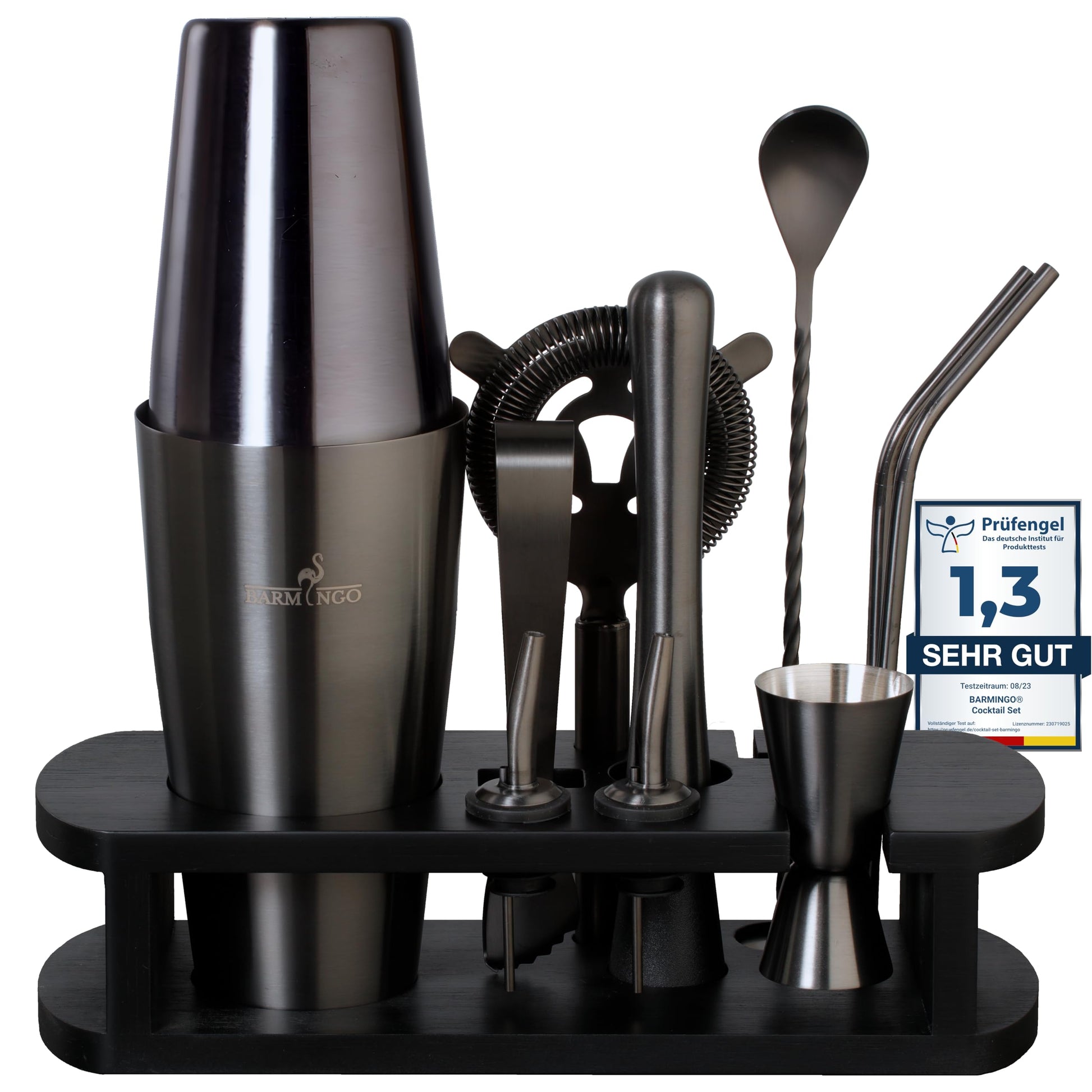 Barmingo Cocktail Shaker Set – 11-teiliges Barkeeper-Set mit Ständer in Schwarz