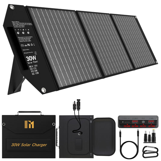 Mesuvida 30W Faltbares Solarpanel. 5 Anschlüsse (USB-A, USB-C PD & MC4) für grenzenlose Outdoor-Power.