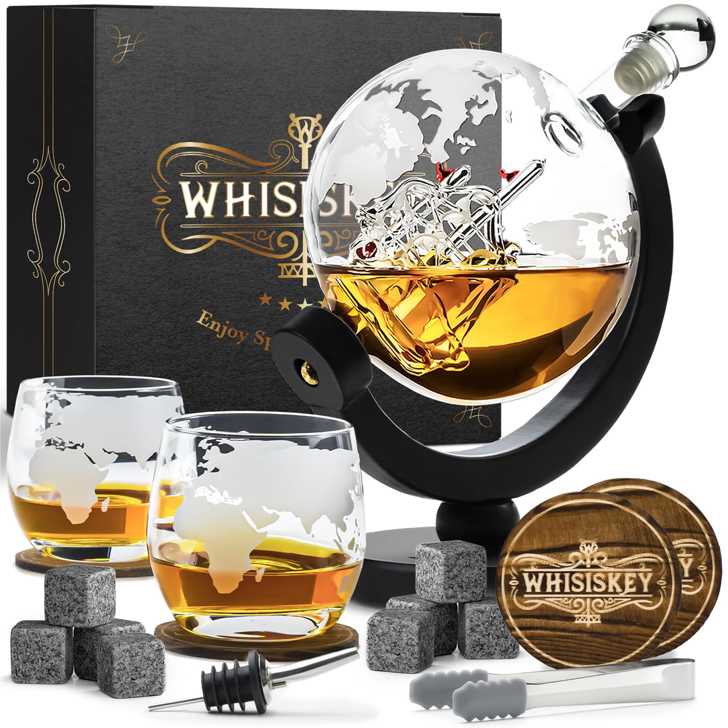 Whisiskey Globus Karaffe mit 2 Whiskeygläsern und Kühlsteinen – stilvolles Whiskey Geschenkset für Männer