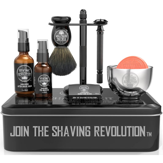 Viking Revolution Luxus-Rasierset für Männer – mit Sicherheitsrasierer, Dachs-Bürste, Ständer, Schale, Pre-Shave-Öl und After-Shave-Balsam. Klassisches Set für die stilvolle Nassrasur.