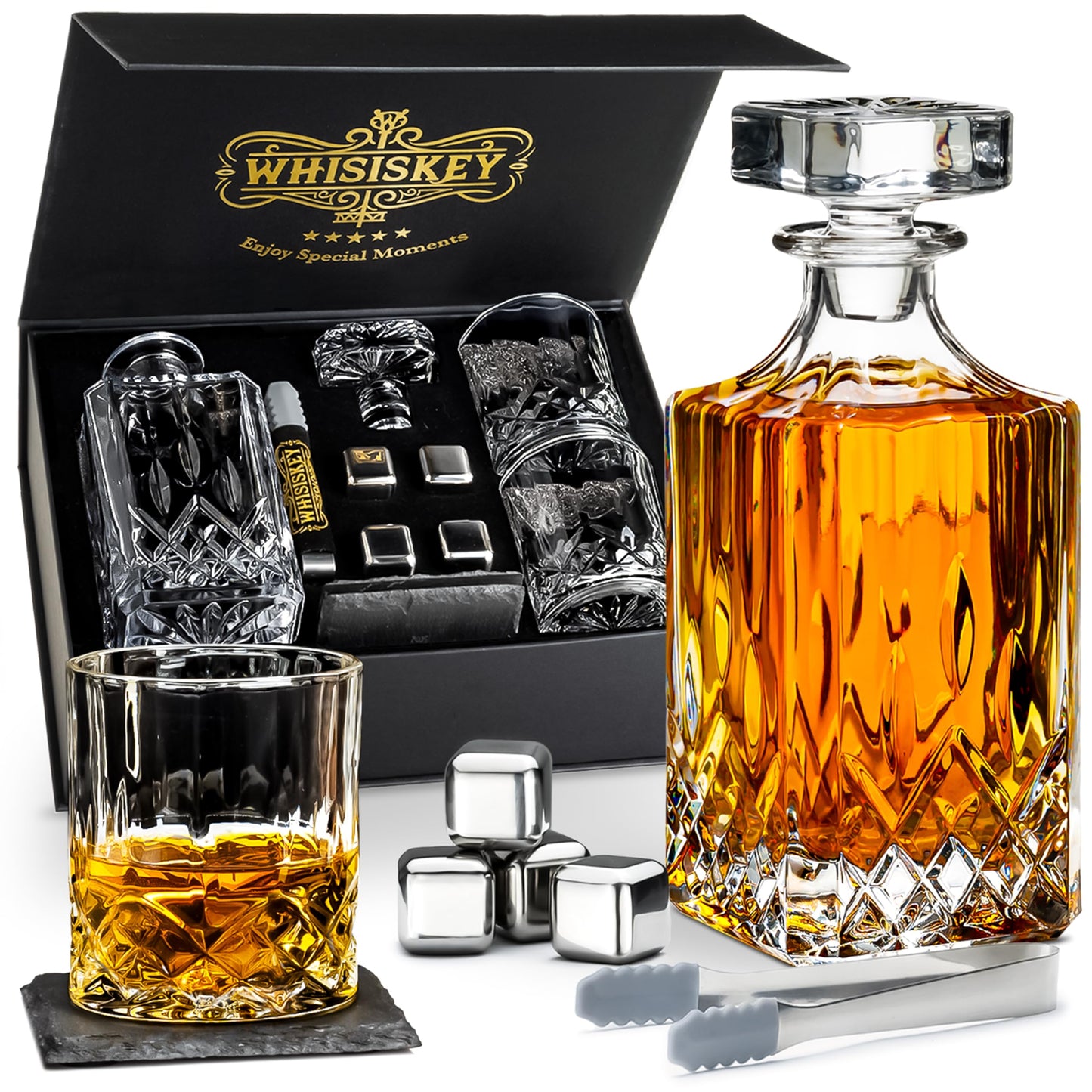 WHISISKEY Whiskey Karaffe Set – klassisches Geschenkset mit 700 ml Dekanter, 2 Gläsern und 4 wiederverwendbaren Whisky-Steinen. Für Genießer mit Geschmack.
