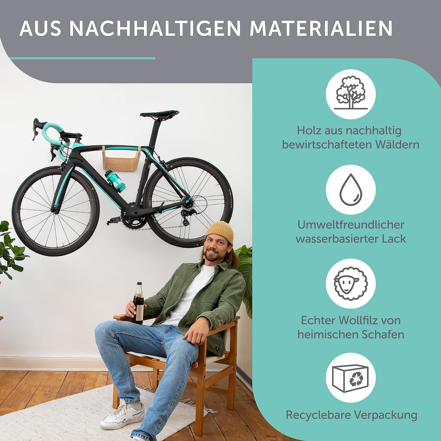 madeco FlyBike (Größe S & M). Fahrrad Wandhalterung aus Holz – Minimalistischer Bike Wandhalter für Wohnung & Büro – Eiche oder Nussbaum, platzsparend & nachhaltig gefertigt.