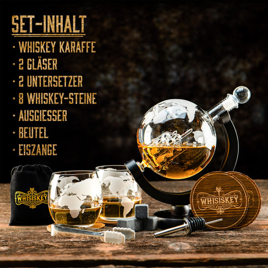 Whiskey Geschenkset mit Globus-Karaffe, Gläsern, Steinen, Untersetzern und Zange