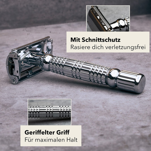Störtebekker® Premium Rasierhobel-Set für Herren im handgefertigten Lederetui – inkl. Rasierpinsel, Edelstahl-Rasierschale, Rasierseife, Alaunstein und Klingen. Hochwertiges Bartpflege-Set für klassische Nassrasur mit Stil.