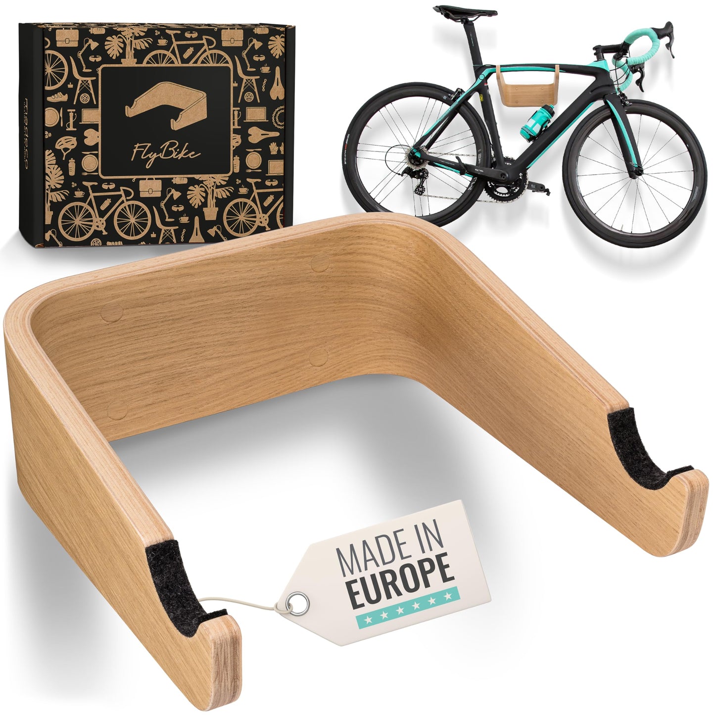 madeco FlyBike (Größe S & M). Fahrrad Wandhalterung aus Holz – Minimalistischer Bike Wandhalter für Wohnung & Büro – Eiche oder Nussbaum, platzsparend & nachhaltig gefertigt.
