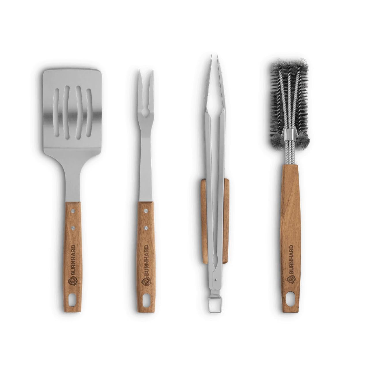 BURNHARD Grillbesteck-Set (4-tlg., 42 cm) aus Edelstahl und Akazienholz – bestehend aus Zange, Wender, Fleischgabel und Grillbürste. Extra lange Holzgriffe mit Aufhänge-Ösen für sicheres und stilvolles Grillen. Robustes Zubehör für echte BBQ-Fans.