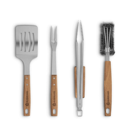BURNHARD Grillbesteck-Set (4-tlg., 42 cm) aus Edelstahl und Akazienholz – bestehend aus Zange, Wender, Fleischgabel und Grillbürste. Extra lange Holzgriffe mit Aufhänge-Ösen für sicheres und stilvolles Grillen. Robustes Zubehör für echte BBQ-Fans.
