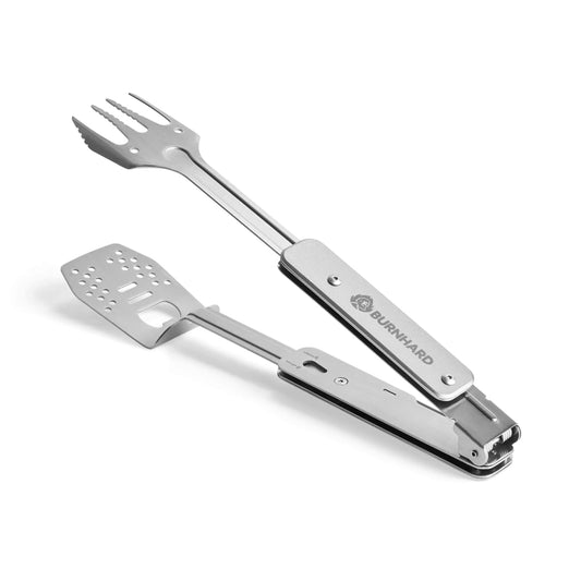 BURNHARD Grillbesteck 4-in-1, Multitool inkl. Grillwender, Grillgabel, Grillzange und Flaschenöffner