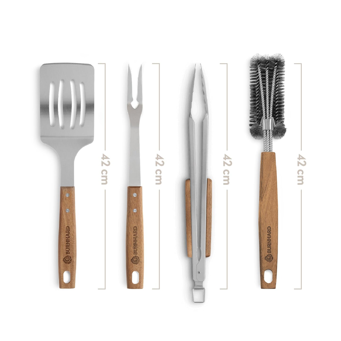 BURNHARD Grillbesteck-Set (4-tlg., 42 cm) aus Edelstahl und Akazienholz – bestehend aus Zange, Wender, Fleischgabel und Grillbürste. Extra lange Holzgriffe mit Aufhänge-Ösen für sicheres und stilvolles Grillen. Robustes Zubehör für echte BBQ-Fans.