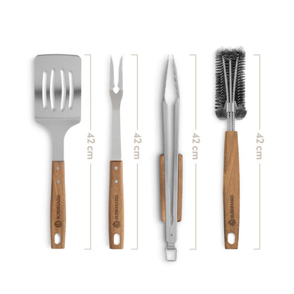 BURNHARD Grillbesteck-Set (4-tlg., 42 cm) aus Edelstahl und Akazienholz – bestehend aus Zange, Wender, Fleischgabel und Grillbürste. Extra lange Holzgriffe mit Aufhänge-Ösen für sicheres und stilvolles Grillen. Robustes Zubehör für echte BBQ-Fans.