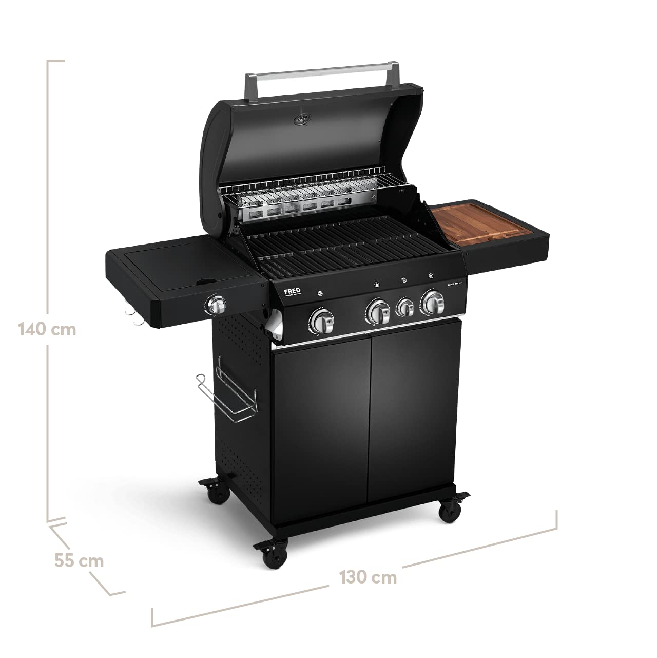 BURNHARD FRED Deluxe Black Series 3 – 3-Brenner-Gasgrill mit Backburner, 900 °C Infrarot-Keramikbrenner, Seitenkochfeld und Gusseisenrost. Inklusive Abdeckung, Grillwagen und klappbaren Seitentischen. Für anspruchsvolles Grillen auf Profi-Niveau.