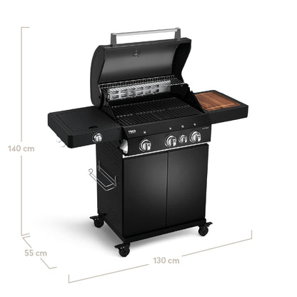 BURNHARD FRED Deluxe Black Series 3 – 3-Brenner-Gasgrill mit Backburner, 900 °C Infrarot-Keramikbrenner, Seitenkochfeld und Gusseisenrost. Inklusive Abdeckung, Grillwagen und klappbaren Seitentischen. Für anspruchsvolles Grillen auf Profi-Niveau.