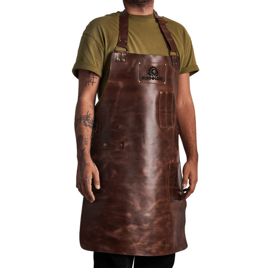 BURNHARD Grillschürze Leder Braun, Lederschürze 100% Büffelleder, Größenverstellbar, BBQ-Schürze mit Taschen, Kochschürze
