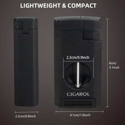 CIGAROL 3-in-1 Zigarrenfeuerzeug mit V-Cutter, 3-fach Jetflamme und edler Geschenkbox. Sturmfestes Design (ohne Gas) für präzises Anzünden und sauberes Schneiden. Hochwertiges Zigarrenzubehör und stilvolles Geschenk für Genießer.