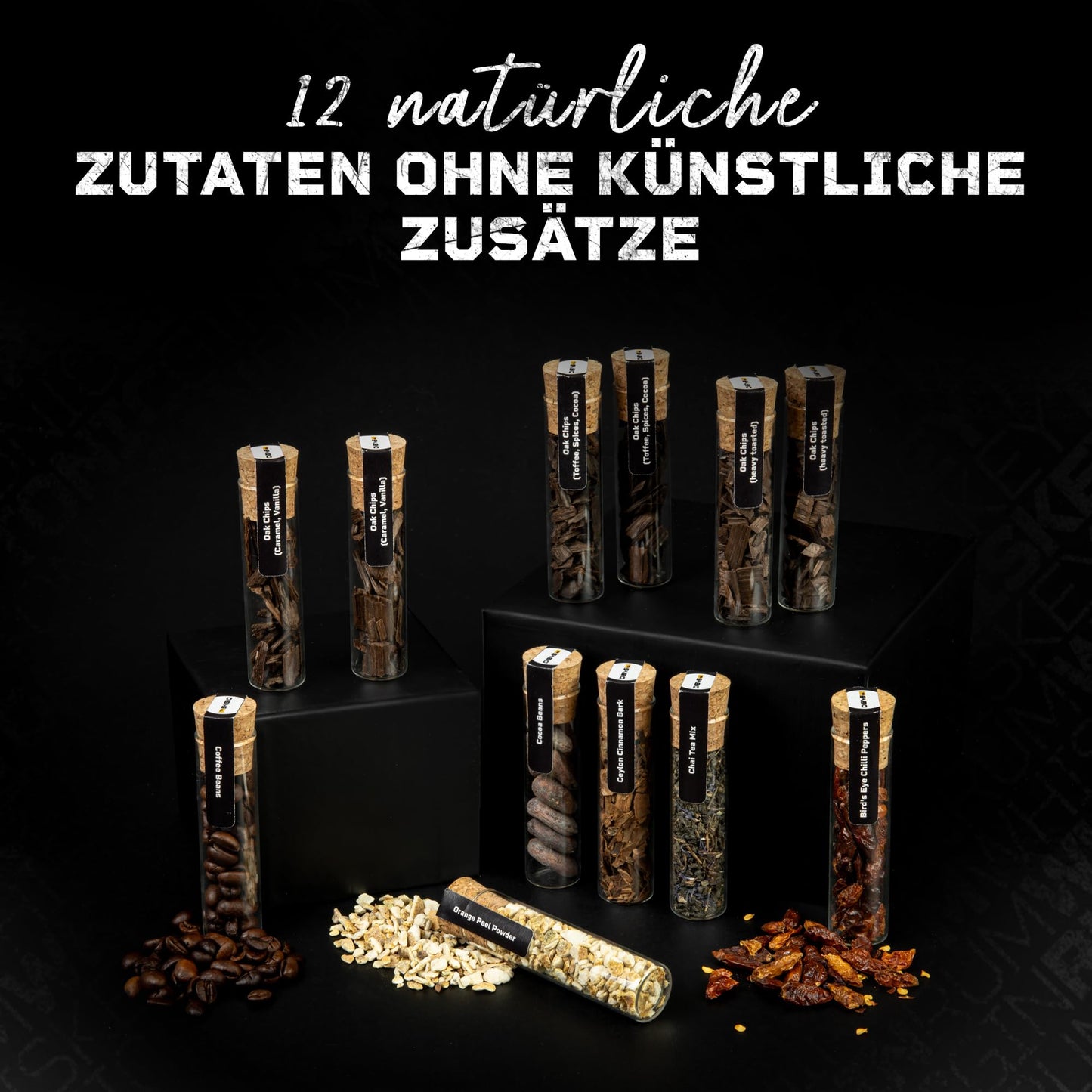 DIBYS DIY-Whiskey-Set mit 12 natürlichen Botanicals, Zubehör und 4 Rezepten zum individuellen Aromatisieren von Whiskey. Für kreative Genussmomente mit persönlicher Note.