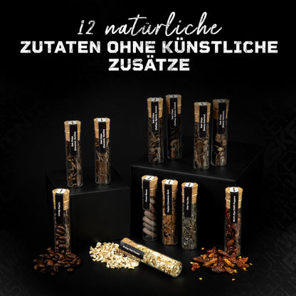 DIBYS DIY-Whiskey-Set mit 12 natürlichen Botanicals, Zubehör und 4 Rezepten zum individuellen Aromatisieren von Whiskey. Für kreative Genussmomente mit persönlicher Note.