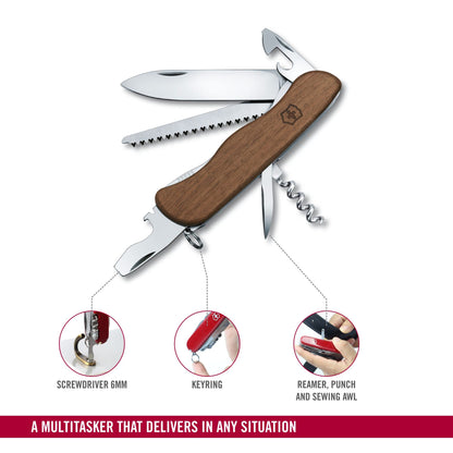 Victorinox Forester Wood Schweizer Taschenmesser (10 Funktionen). Robustes Multitool mit Feststellklinge, Dosenöffner und Schraubendreher – vielseitig einsetzbar und extrem langlebig. Hiermit bist du für jedes Abenteuer bestens gerüstet.