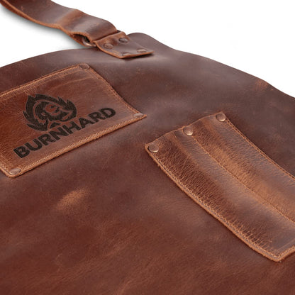 BURNHARD Grillschürze Leder Braun, Lederschürze 100% Büffelleder, Größenverstellbar, BBQ-Schürze mit Taschen, Kochschürze