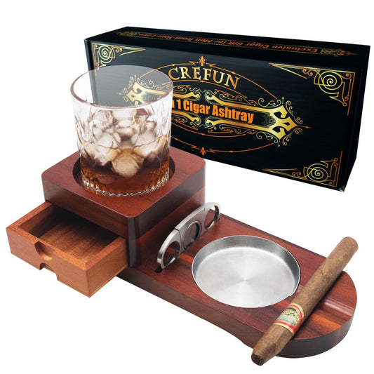 Holz Zigarren Aschenbecher Whiskey Untersetzer - Crefun CK2631 zigarren zubehör für männer Whiskey zigarren geschenkset, mit abnehmbarer aschenbecher Schublade Zigarrenschneider und 2 zigarrenhalter