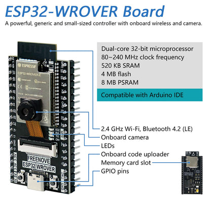 Freenove Ultimate Starter Kit mit ESP32-WROVER CAM, Dual-Core-Mikrocontroller, integrierter Kamera & WLAN. Enthält 240 Bauteile, 122 Projekte und ein 795-seitiges Tutorial für Python, C & Java. Für ambitionierte Elektronik- und Programmierideen.