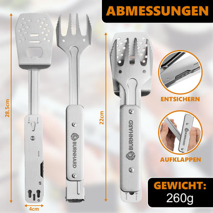 BURNHARD Grillbesteck 4-in-1, Multitool inkl. Grillwender, Grillgabel, Grillzange und Flaschenöffner