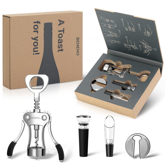 Beneno Weinöffner-Set – stilvolles Geschenkset mit Korkenzieher, Folienschneider, Vakuumverschluss und Weinbelüfter-Ausgießer. Hochwertiges Weinzubehör für stilvolles Öffnen, Belüften und Genießen. Ideal für Weinliebhaber mit Anspruch.