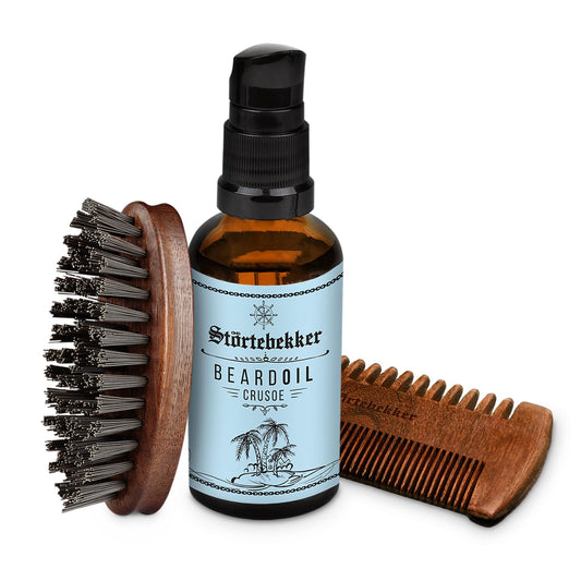 Störtebekker® Premium Bartpflege-Set für Männer – mit Bartöl „Crusoe“, Bartkamm und Bartbürste. Ideal für die tägliche Bartpflege in stilvoller Qualität.
