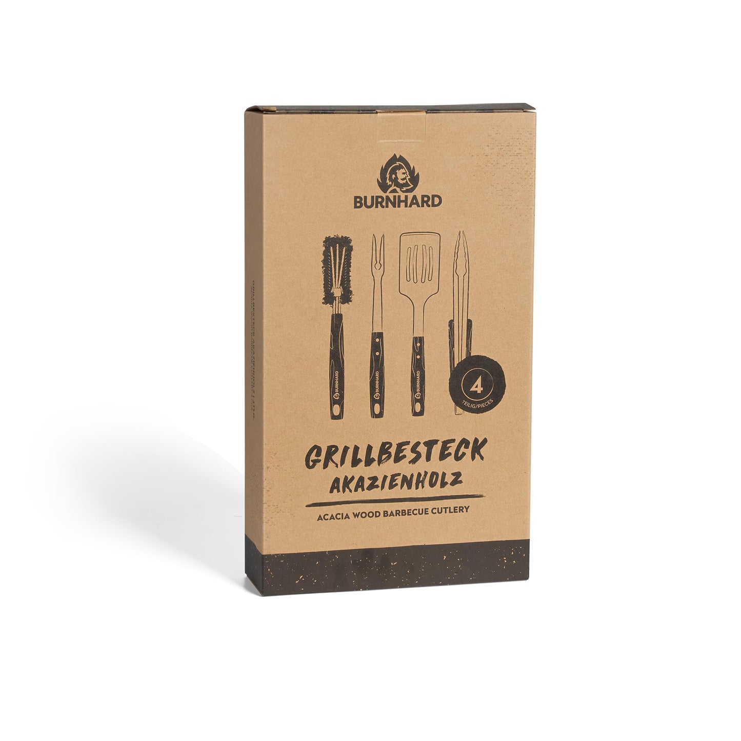 BURNHARD Grillbesteck-Set (4-tlg., 42 cm) aus Edelstahl und Akazienholz – bestehend aus Zange, Wender, Fleischgabel und Grillbürste. Extra lange Holzgriffe mit Aufhänge-Ösen für sicheres und stilvolles Grillen. Robustes Zubehör für echte BBQ-Fans.