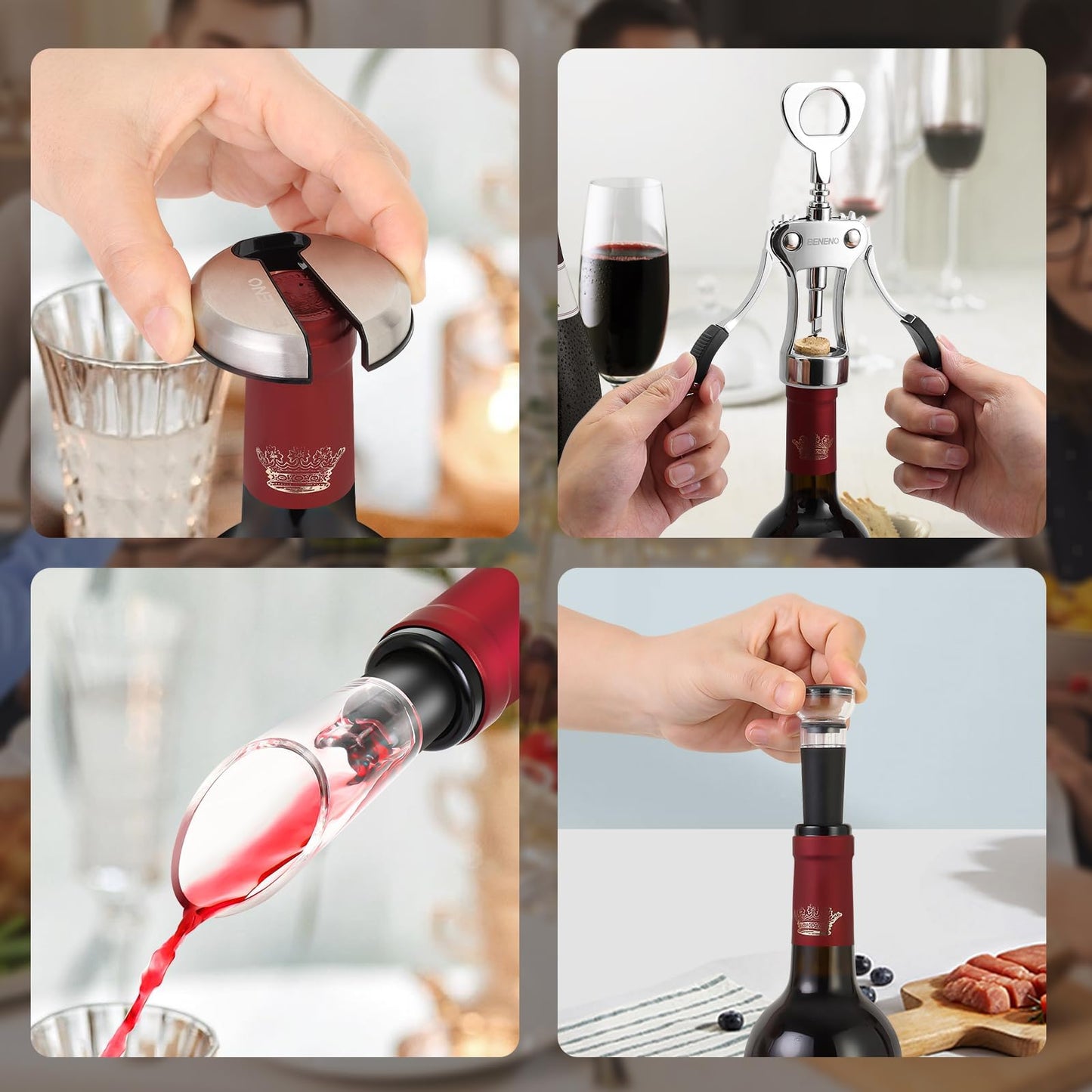 Beneno Weinöffner-Set – stilvolles Geschenkset mit Korkenzieher, Folienschneider, Vakuumverschluss und Weinbelüfter-Ausgießer. Hochwertiges Weinzubehör für stilvolles Öffnen, Belüften und Genießen. Ideal für Weinliebhaber mit Anspruch.