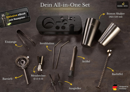 BARMINGO Cocktail Set (11-tlg.) in Schwarz mit 825 ml Boston Shaker, Ständer und hochwertigem Bar-Zubehör. Aus robustem Edelstahl – perfekt zum Mixen klassischer und moderner Cocktails. Stilvolles Barset für Zuhause oder als Geschenk.