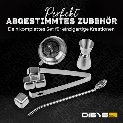 DIBYS DIY-Whiskey-Set mit 12 natürlichen Botanicals, Zubehör und 4 Rezepten zum individuellen Aromatisieren von Whiskey. Für kreative Genussmomente mit persönlicher Note.