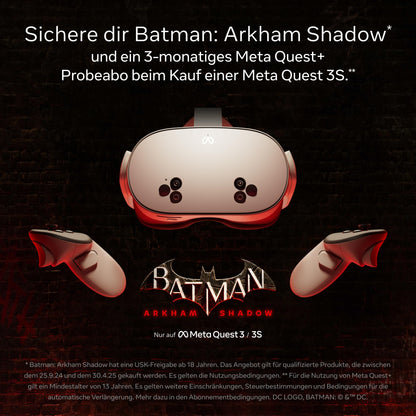 Meta Quest 3S 128 GB mit Batman: Arkham Shadow und 3 Monaten Meta Quest+ Probeabo. All-in-One-VR-Headset mit hochauflösendem Display, sattem Sound und präzisem Tracking. Für immersives Gaming ohne zusätzlichen PC oder Konsole.