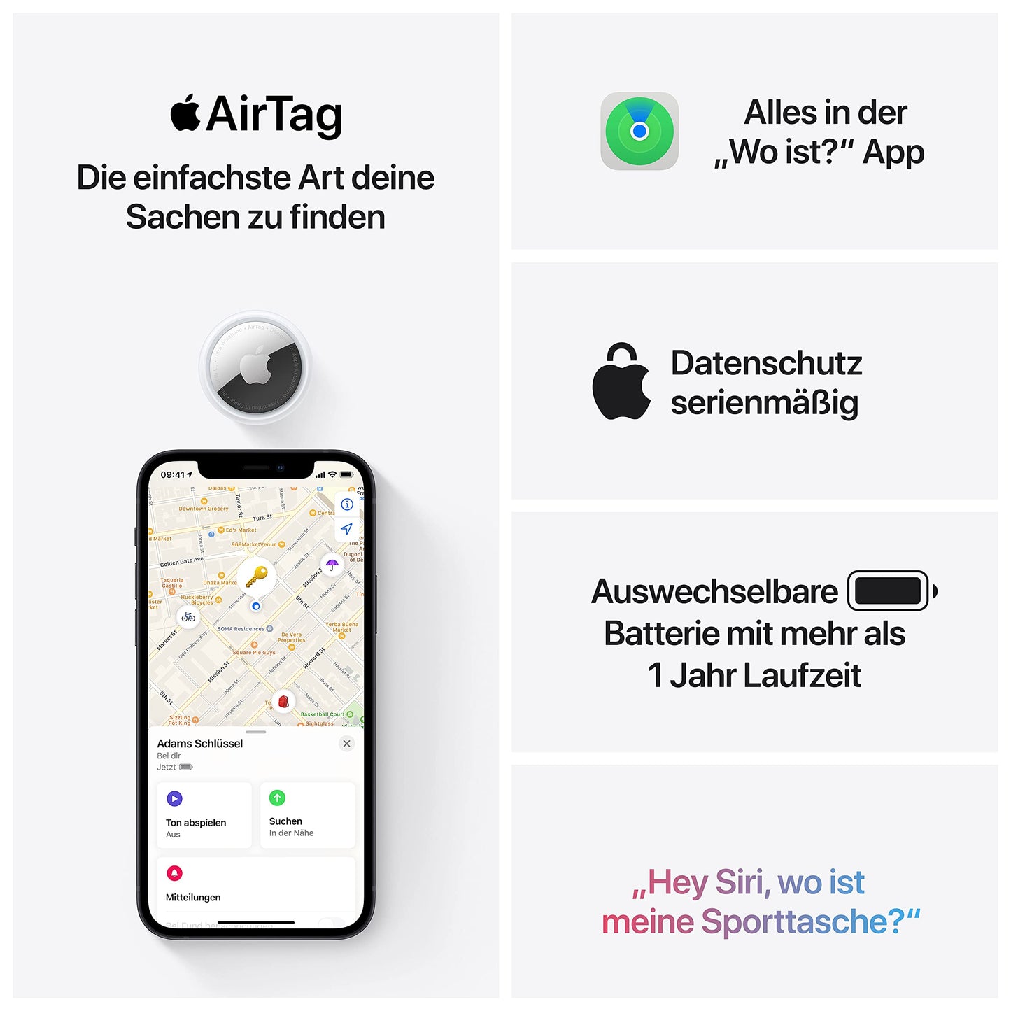 Apple AirTag – kompakter Tracker zum Wiederfinden von Schlüsseln, Geldbörsen, Gepäck und mehr. Einfaches Setup mit iPhone oder iPad, präzise Ortung. Mit austauschbarer Batterie.
