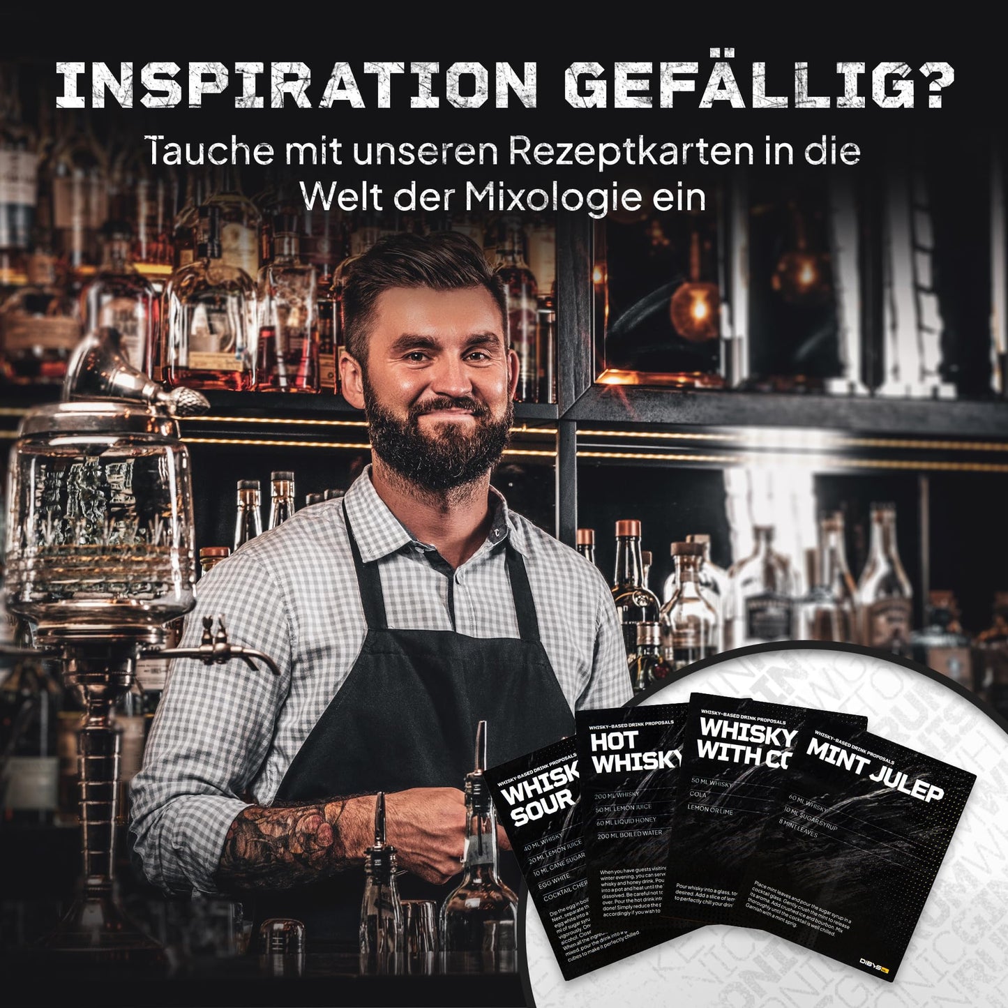 DIBYS DIY-Whiskey-Set mit 12 natürlichen Botanicals, Zubehör und 4 Rezepten zum individuellen Aromatisieren von Whiskey. Für kreative Genussmomente mit persönlicher Note.