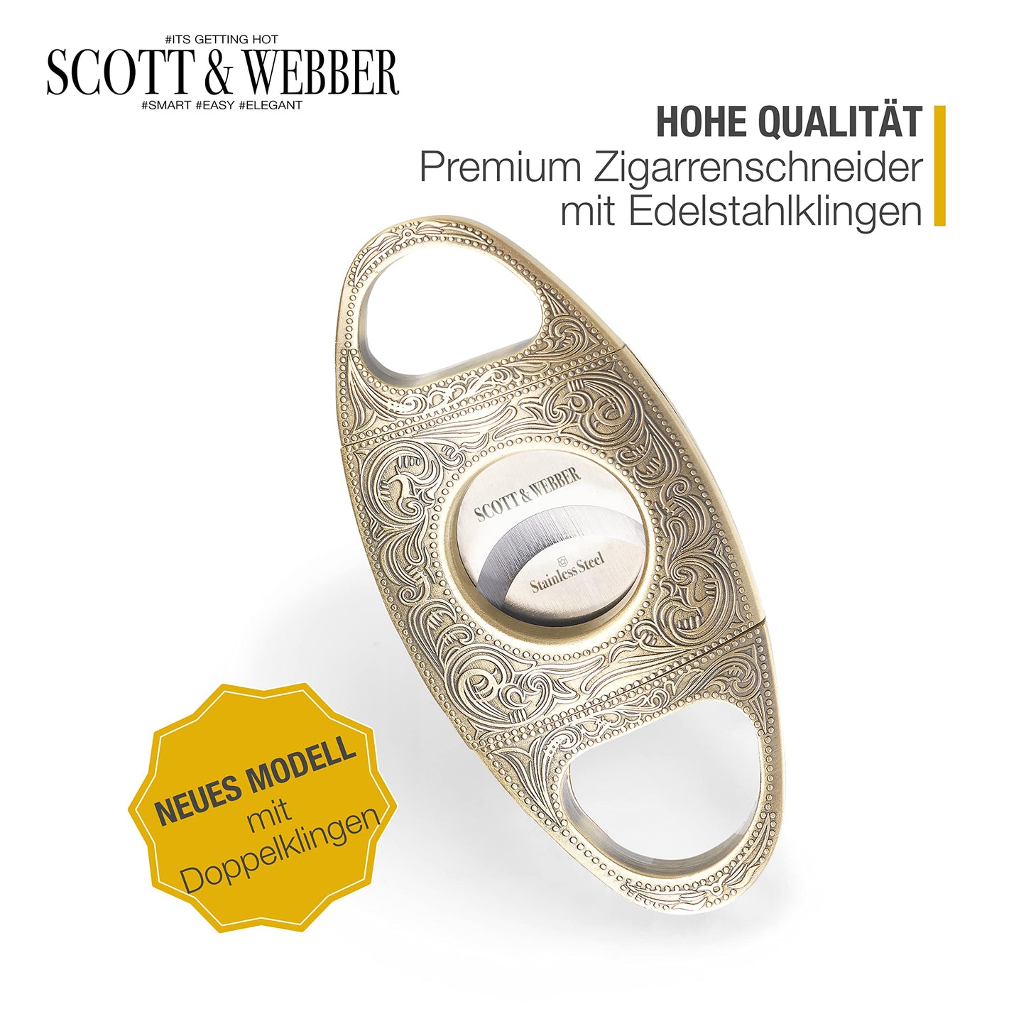 Scott & Webber® Zigarrenschneider mit doppelschneidiger Edelstahlklinge für große Ringmaße. Inklusive edlem Lederetui und Geschenkverpackung in Gold/Bronze. Stilvolles Zubehör für anspruchsvolle Zigarrenliebhaber.