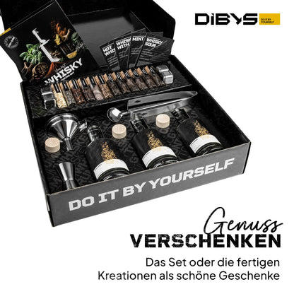 DIBYS DIY-Whiskey-Set mit 12 natürlichen Botanicals, Zubehör und 4 Rezepten zum individuellen Aromatisieren von Whiskey. Für kreative Genussmomente mit persönlicher Note.